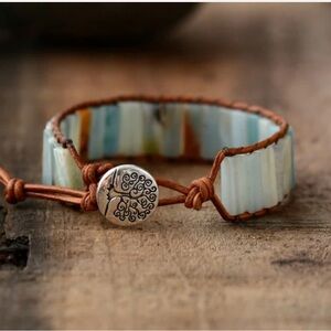 Amazonite Bracelet Rectangle Wrap Boho Jewelry Bohemian Brown Leather Tree Clasp